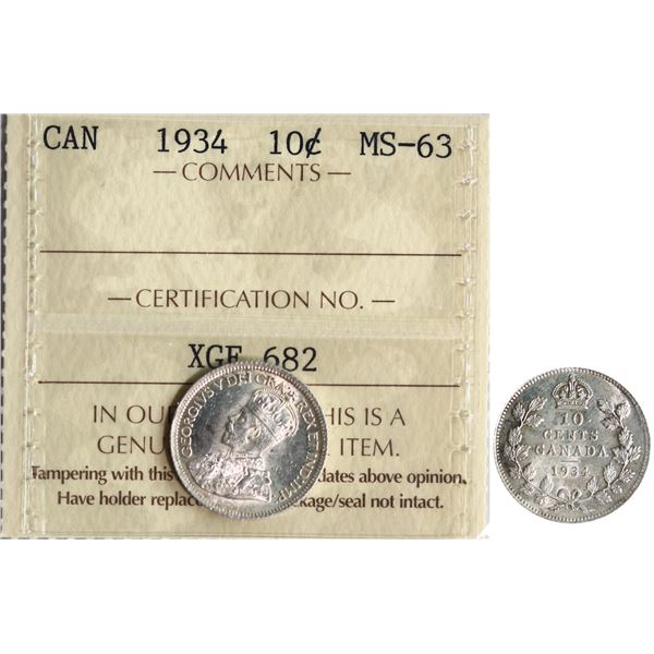1934 10¢ ICCS Choice Mint State-63 Fully brilliant and lustrous.  Scarce date.