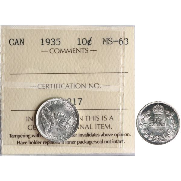1935 10¢ ICCS Choice Mint State-63 Fully brilliant and lustrous.  Scarce date.