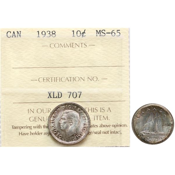 1938 10¢ ICCS Gem Mint State-65, Brilliant with light gold and russet tones.