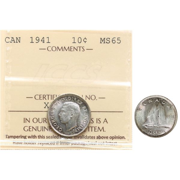 1941 10¢  ICCS Gem Mint State-65, Hint of russet tone over full underlying lustre.  A scarce date.