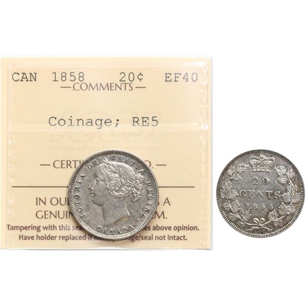 1858 20¢ "Coinage; RE-ENG/5 ICCS Extra Fine-40.  Brilliant and lustrous.