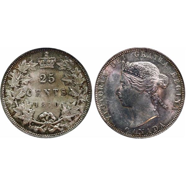 1870 25¢ "Obv.1" ICCS Very Choice Mint State-64, Razor sharp strike with delicate toning over full u