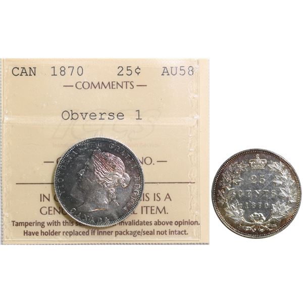 1870 25¢  "Obv.1" ICCS Choice About Uncirculated-58 Lustrous with attractive autumn shades.
