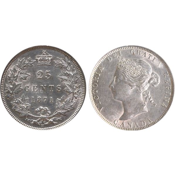 1871H 25¢ "OBV.2" ICCS Choice About Uncirculated-55 Brilliant and lustrous.