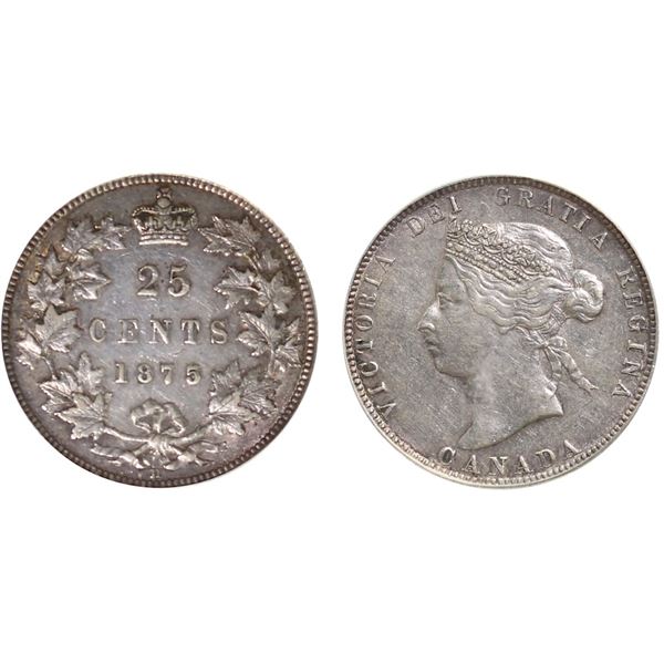 1875H 25¢ "Blunt 5" PCGS About Uncirculated-50, Light russet tone around the rims with lustre throug