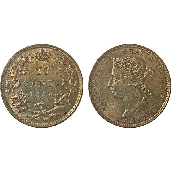 1886 25¢ "6/3 LBE Obv 5" ICCS Gem Mint State-65, A pop #1 at ICCS. Fully brilliant and a remarkably 