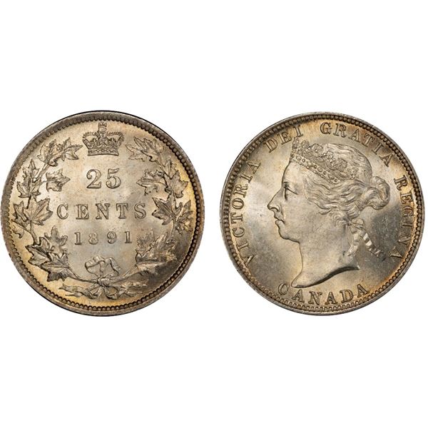 1891 25¢ PCGS Gem Mint State-65+. Extremely eye catching example displaying gold, russet and green t