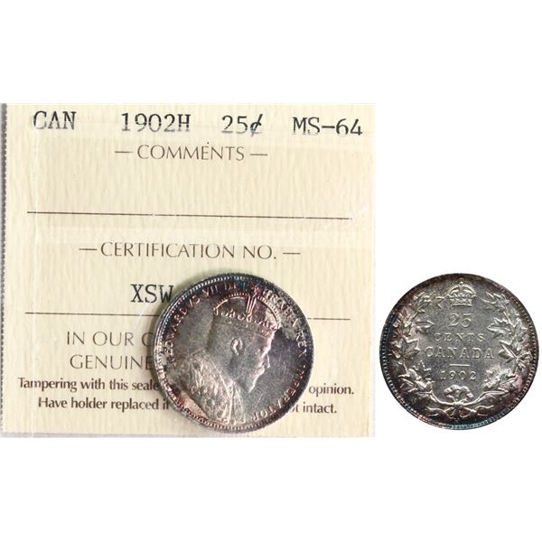 1902H 25¢ ICCS Very Choice Mint State-64, Fully brilliant with autumn shades around the rims.