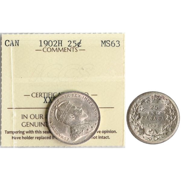 1902H 25¢ ICCS Choice Mint State-63, Brilliant and lustrous.