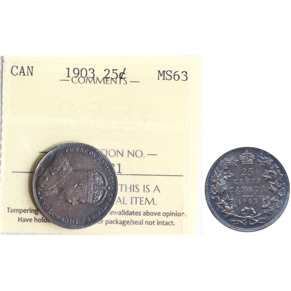 1903 25¢ ICCS Choice Mint State-63 Toned.  Tough date to find in this condition.