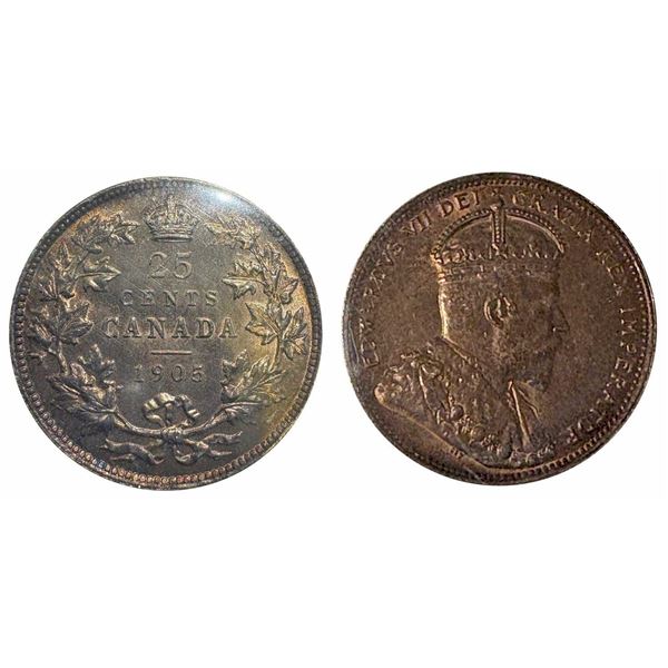 1905 25¢ ICCS Gem Mint State-65, Objectively stunning Edward key date in full gem. A soft maroon ove