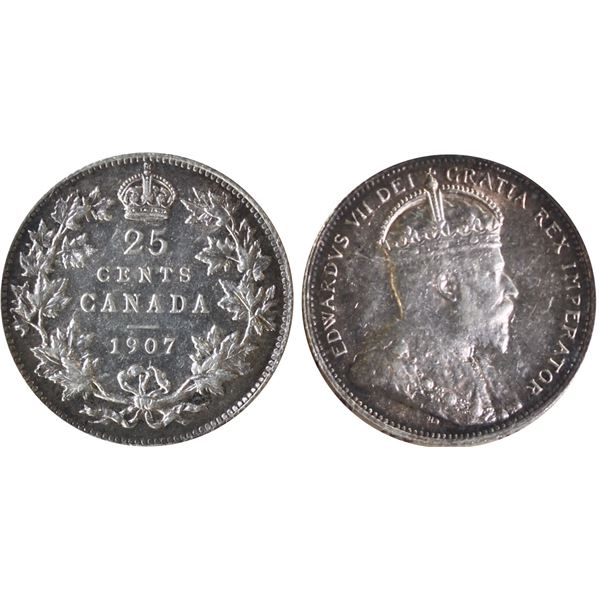 1907 25¢ ICCS Mint State-60, A nice and lustrous example with nice gold and russet tones around the 