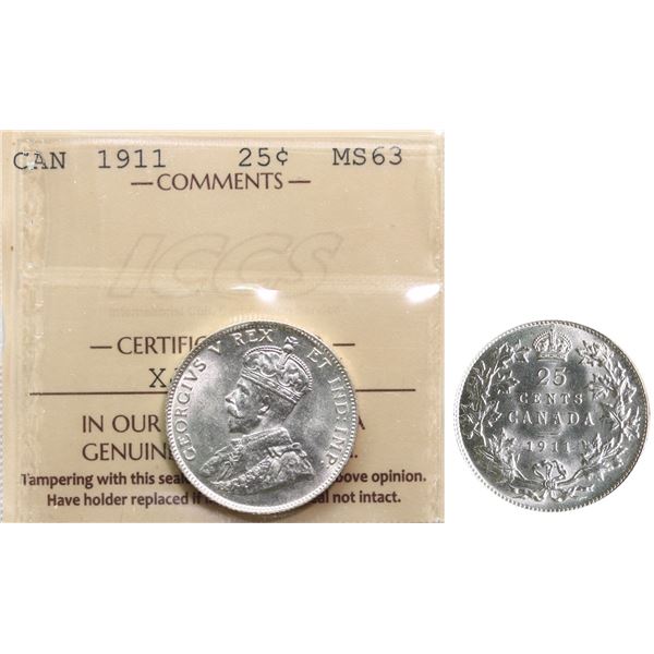 1911 25¢  ICCS Choice Mint State-63 Fully brilliant and lustrous.  A very nice Geeorge V type coin.