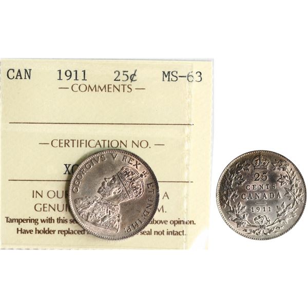 1911 25¢ ICCS Choice Mint State-63 Brilliant and lustrous with light golden tone.