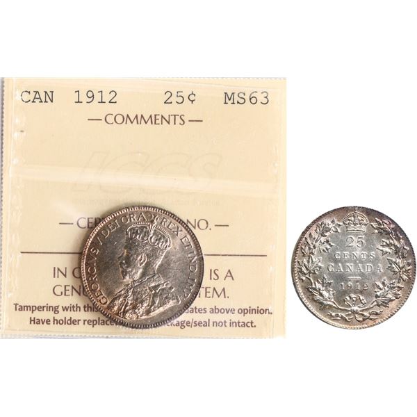 1912 25¢ ICCS Choice Mint State-63.  Attractive yellow and gold perimeter tints.