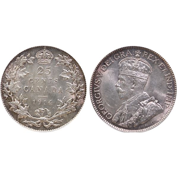 1914 25¢ PCGS Choice Mint State-62.  Displays light golden perimeter tones.