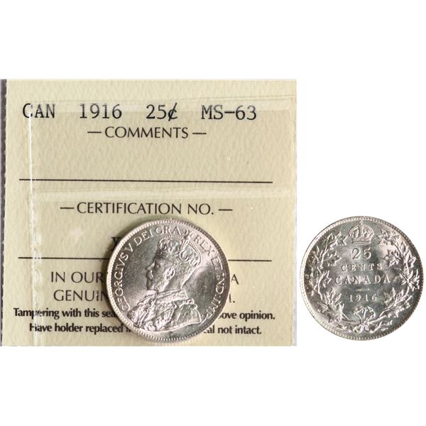 1916 25¢ ICCS Choice Mint State-63 Fully brilliant and lustrous.