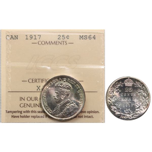 1917 25¢  ICCS Very Choice Mint State-64 Fully brilliant and lustrous with delicate golden tone.