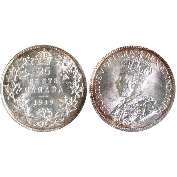 1919 25¢ ICCS Very Choice Mint State-64, Flashy lustre with hint of golden tone.