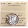 Image 2 : 1919 25¢ ICCS Very Choice Mint State-64, Flashy lustre with hint of golden tone.