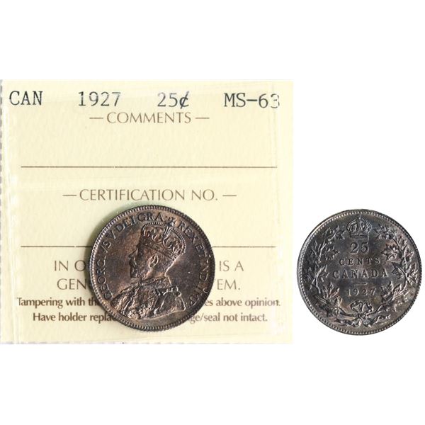 1927 25¢ ICCS Choice Mint State-63 Attractively toned. Scarce key date.