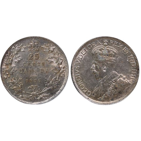 1927 25¢ PCGS Choice About Uncirculated-55.  Key issue displaying yellow/gold tints.