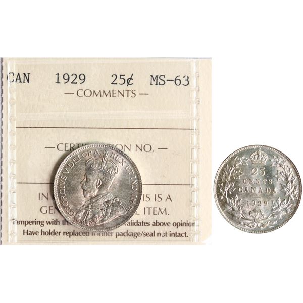 1929 25¢ ICCS Choice Mint State-63 Brilliant and lustrous with light golden tone.