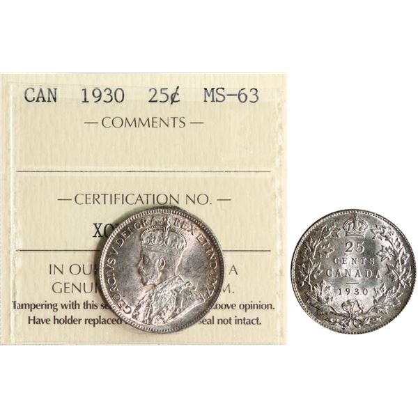 1930 25¢ ICCS Choice Mint State-63 Brilliant and lustrous with light golden tone.