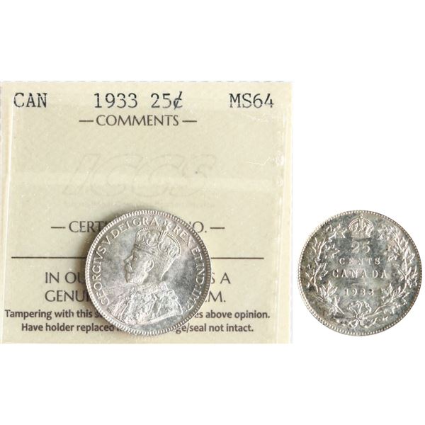 1933 25¢ ICCS Very Choice Mint State-64 Fully Brilliant and lustrous with hint of russet tone.