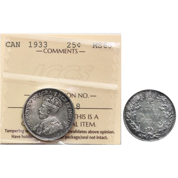 1933 25¢ ICCS Choice Mint State-63 Light silver grey and purple tones over full underlying lustre.