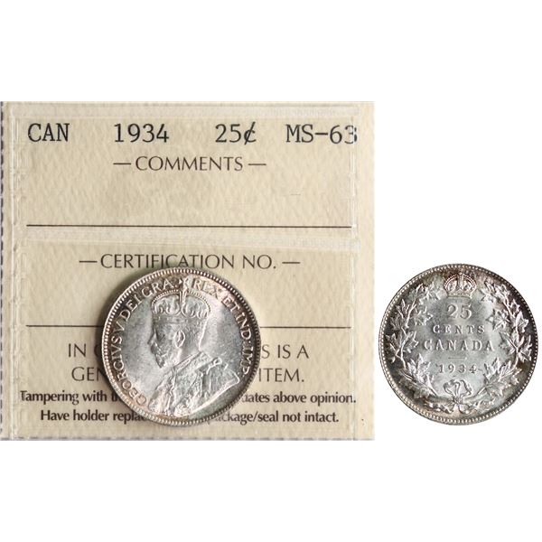 1934 25¢ ICCS Choice Mint State-63 Brilliant and lustrous with light golden tone.