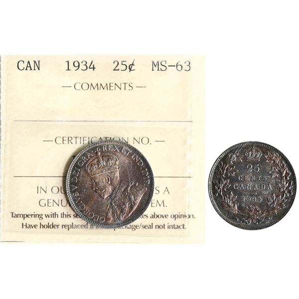 1934 25¢ ICCS Choice Mint State-63 Brilliant and lustrous with nice autumn shades.