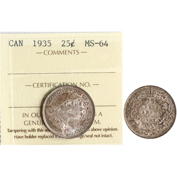 1935 25¢ ICCS Very Choice Mint State-64 Lightly toned.