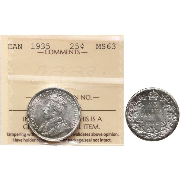 1935 25¢ ICCS Choice Mint State-63 Brilliant and lustrous.