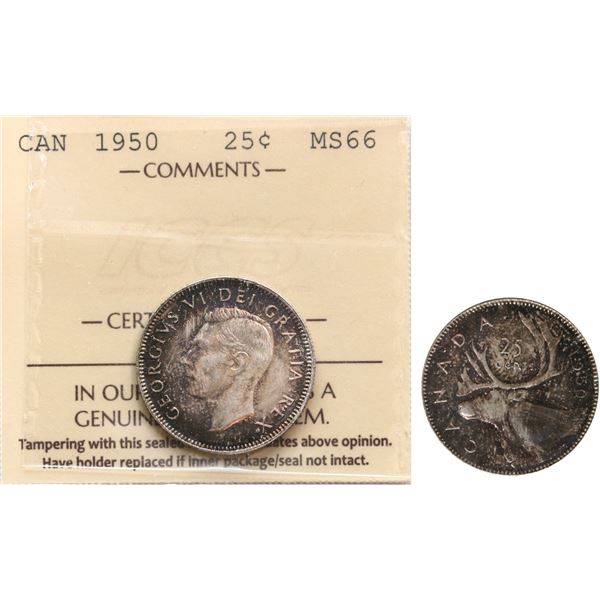 1950 25¢ ICCS Superb Gem Mint State-66 Superb autumn shades over full underlying lustre.  A superior