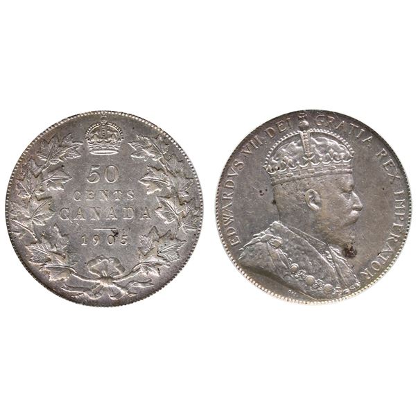 1905 50¢ PCGS About Uncirculated-50, Brilliant and lustrous with hint russet tone.  Scarce key date.