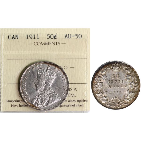 1911 50¢ ICCS About Uncirculated-50 Lustrous example with light gold and russet tones.  A lovely exa