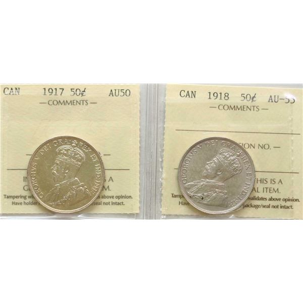 1917 50¢, 1918 Both coins ICCS About Uncirculated-50 & Choice About Uncirculated-55 respectively.