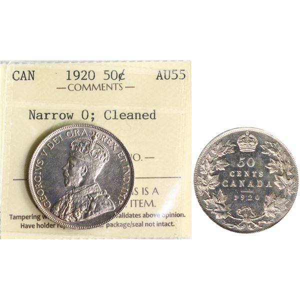 1920 50¢ "Narrow / Small O" ICCS Choice About Uncirculated-55 Very lightly cleaned.  Despite the cle