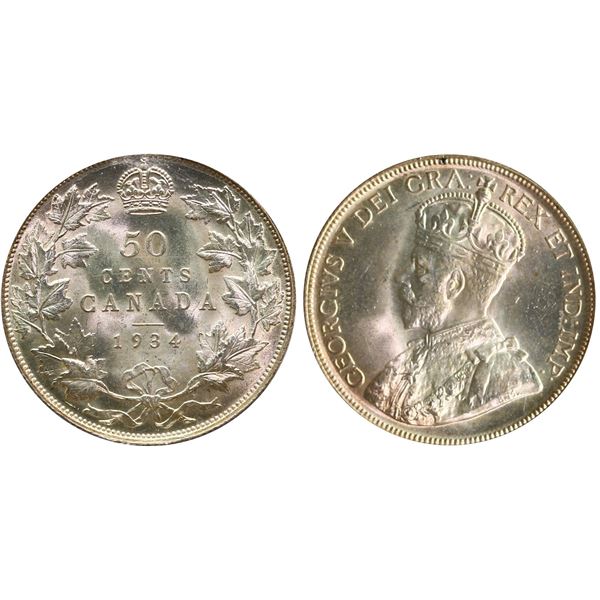 1934 50¢ ICCS/PCGS Gem Mint State-65 Brilliant and lustrous with light golden tone.  A superior exam