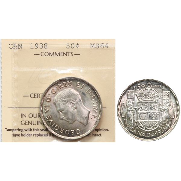 1938 50¢ ICCS Very Choice Mint State-64 Brilliant and lustrous.