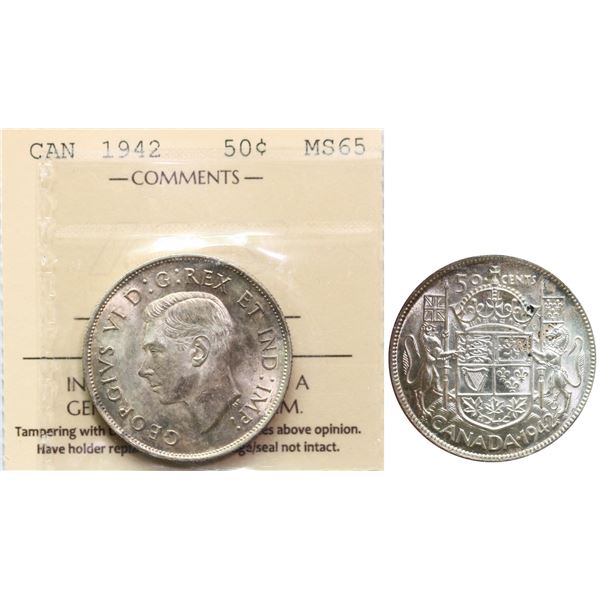 1942 50¢ ICCS Gem Mint State-65 Blight russet tone over full underlying lustre.