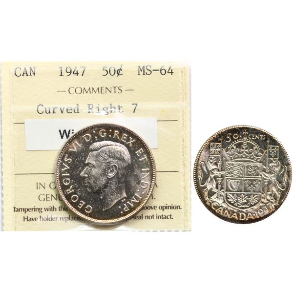1947 50¢ "Crurved Right 7 - Wide date" ICCS Very Choice Mint State-64 Lustrous example.