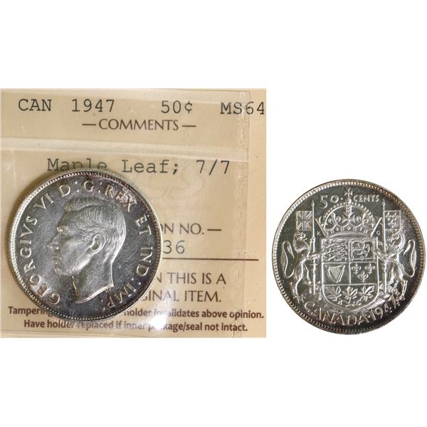 1947 50¢ "ML - 7/7" ICCS Very Choice Mint State-64  brilliant and lustrous with delicate russet tone