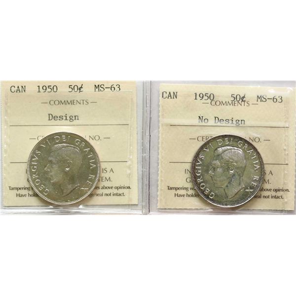 1950 50¢ "Design" & 1950 "No design" Both coins ICCS Choice Mint State-63.