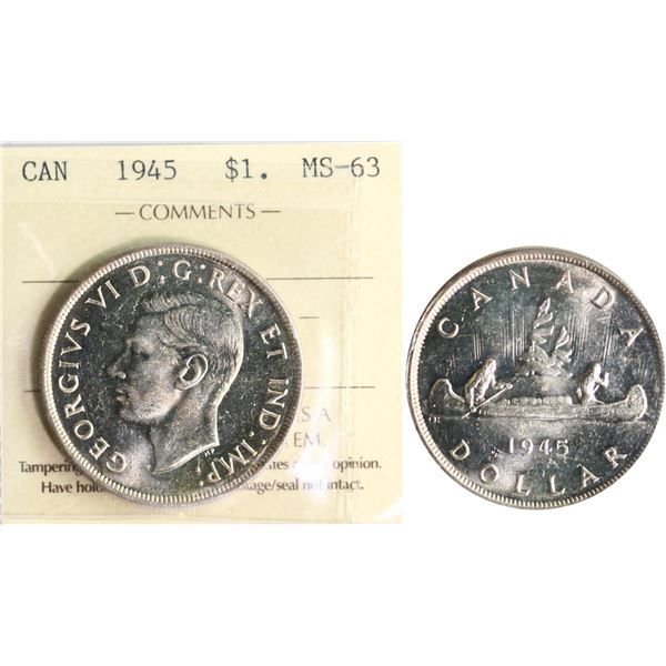 1945 $1 ICCS Choice Mint State-63 Strong and flashy lustre with hint of golden tone.