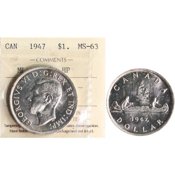 1947 $1 "ML - 2 X HP" ICCS Choice Mint State-63 Fully brilliant and lustrous with hint of golden ton