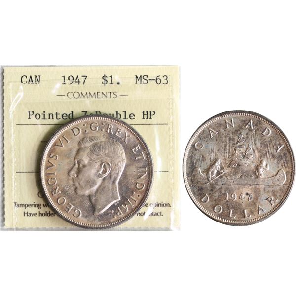 1947 $1 "Pointed 7 - 2 X HP" ICCS Choice Mint State-63 Lightly toned with clean fields and very nice