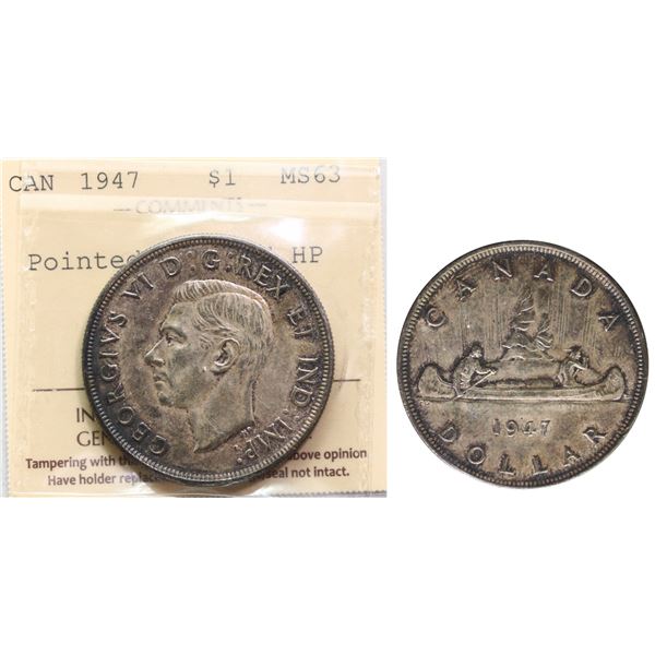 1947 $1 "Pointed 7 - 4X HP" ICCS Choice Mint State-63 attractively toned.