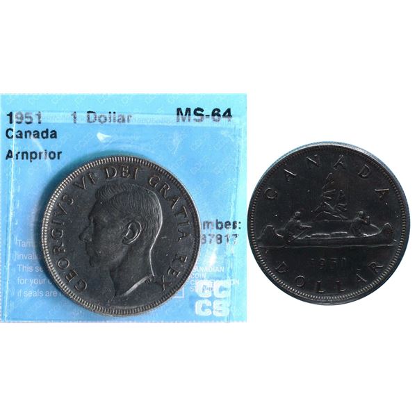 1951 $1 "Arnprior" CCCS Very Choice Mint State-64.  Toned.